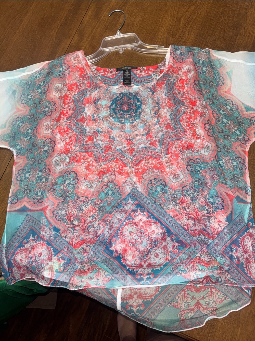 Style & Co. Coral and Teal Printed Sheer Tunic